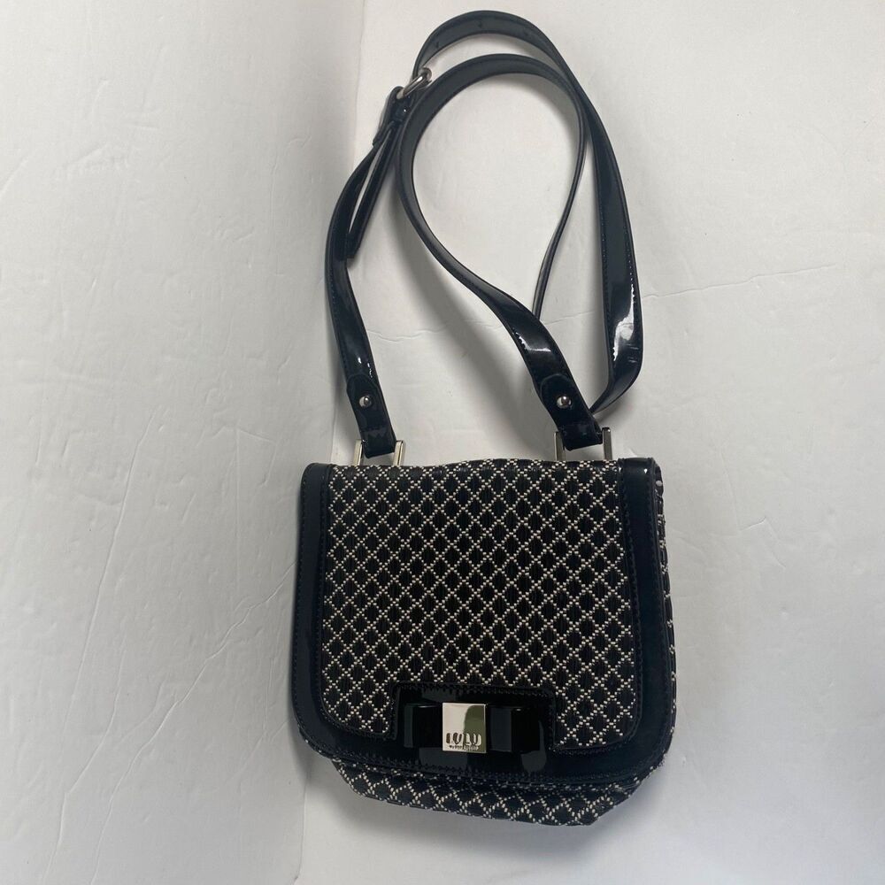 Lulu by Lulu Guinness Black White Woven Crossbody Purse with Patent Bow Accent